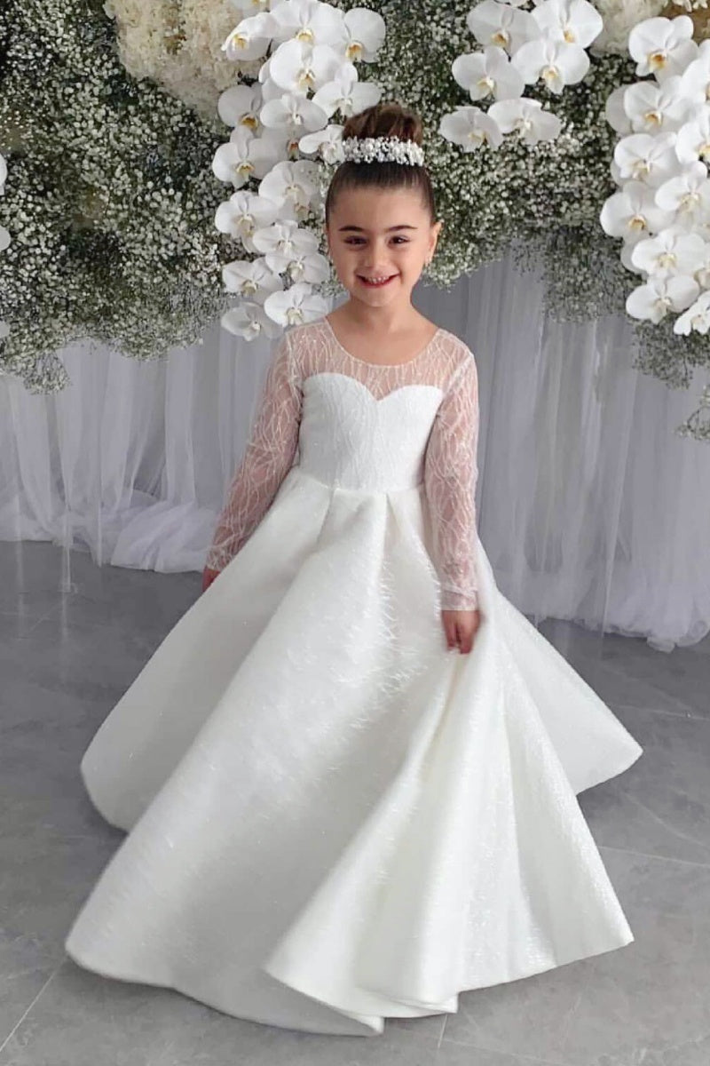 White Jacquard Bow A-line Flower Girl Dress