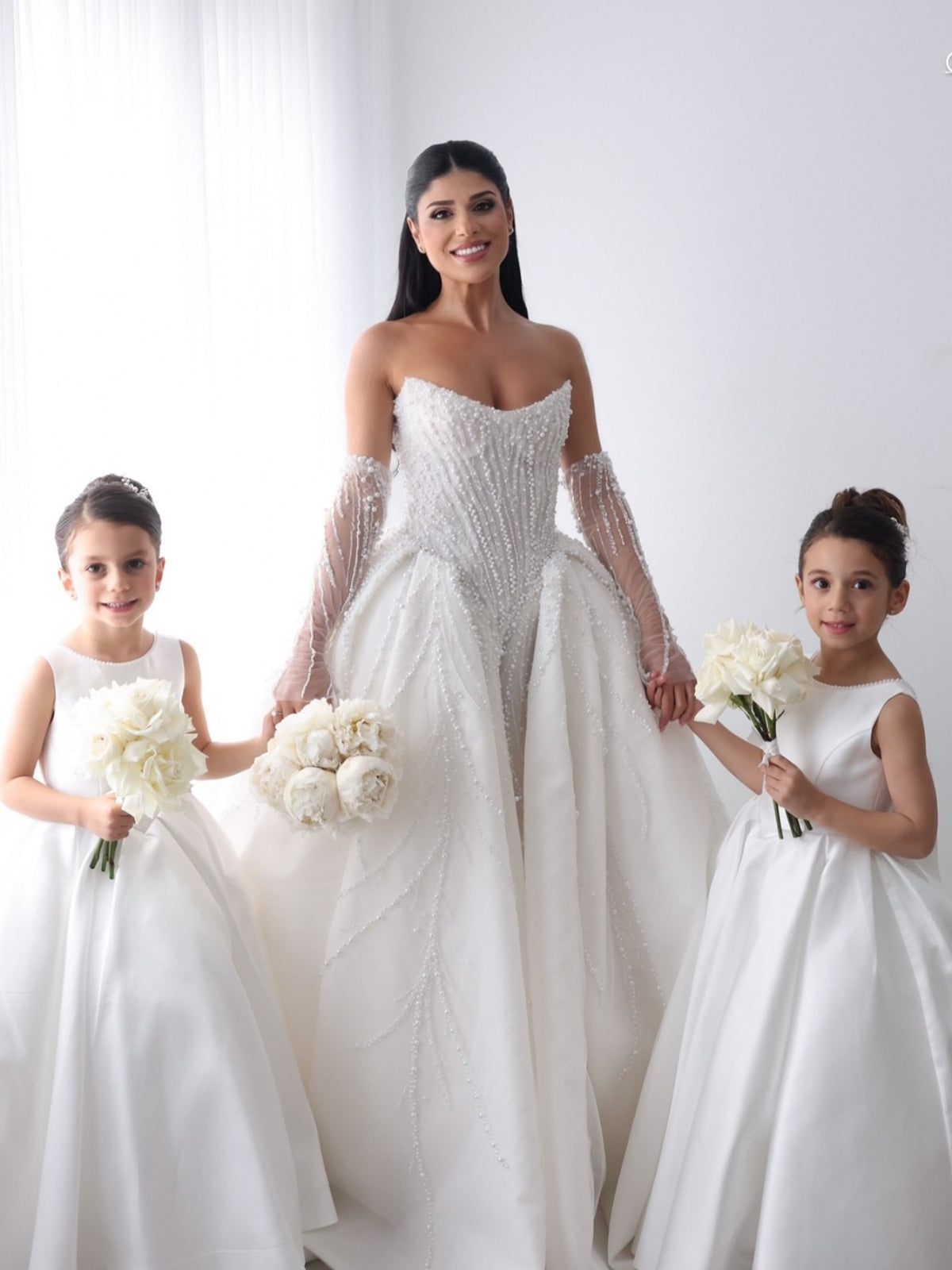 White Pearl-Embellished Satin A-line Flower Girl Dress