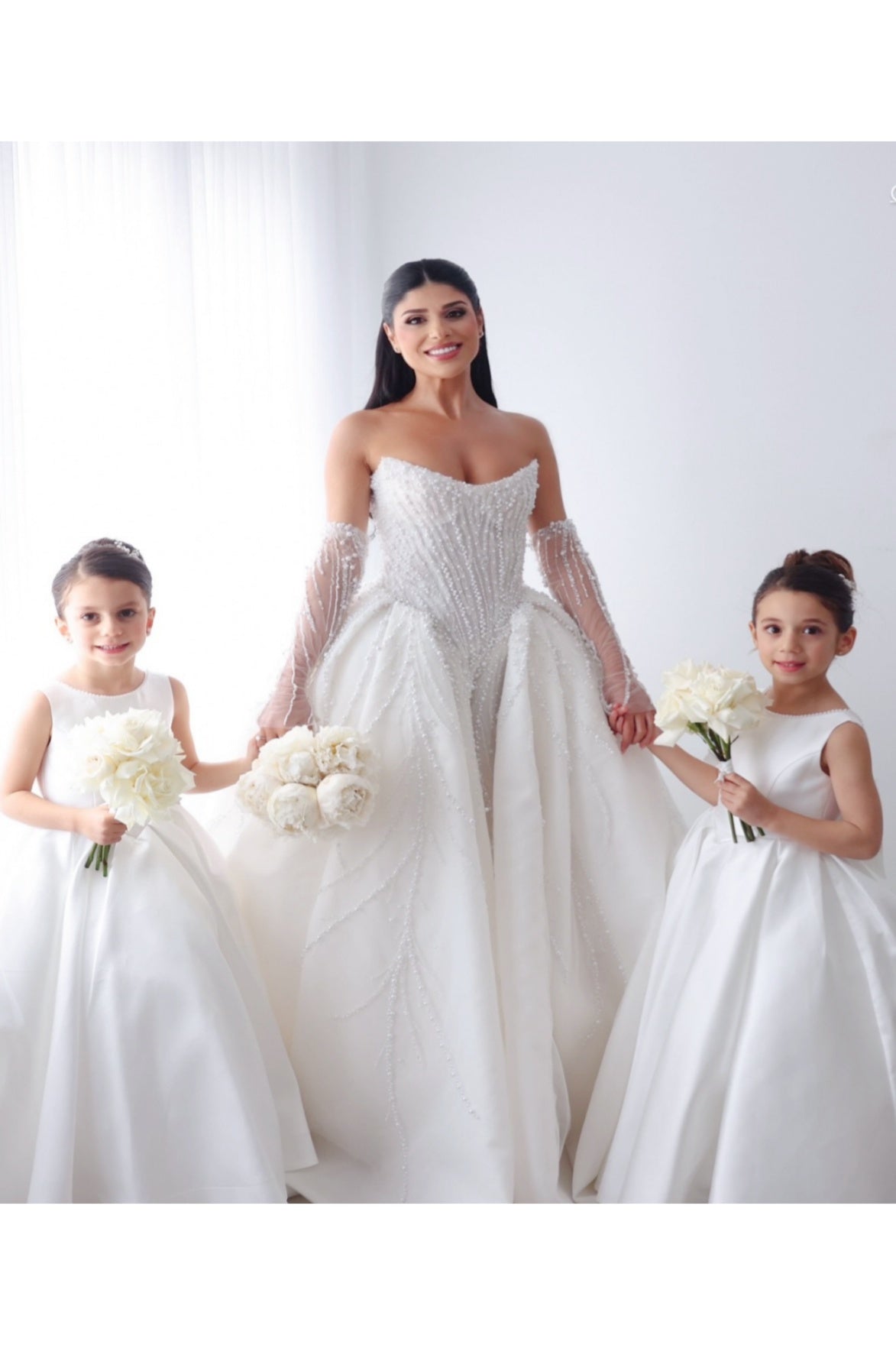 White Pearl-Embellished Satin A-line Flower Girl Dress