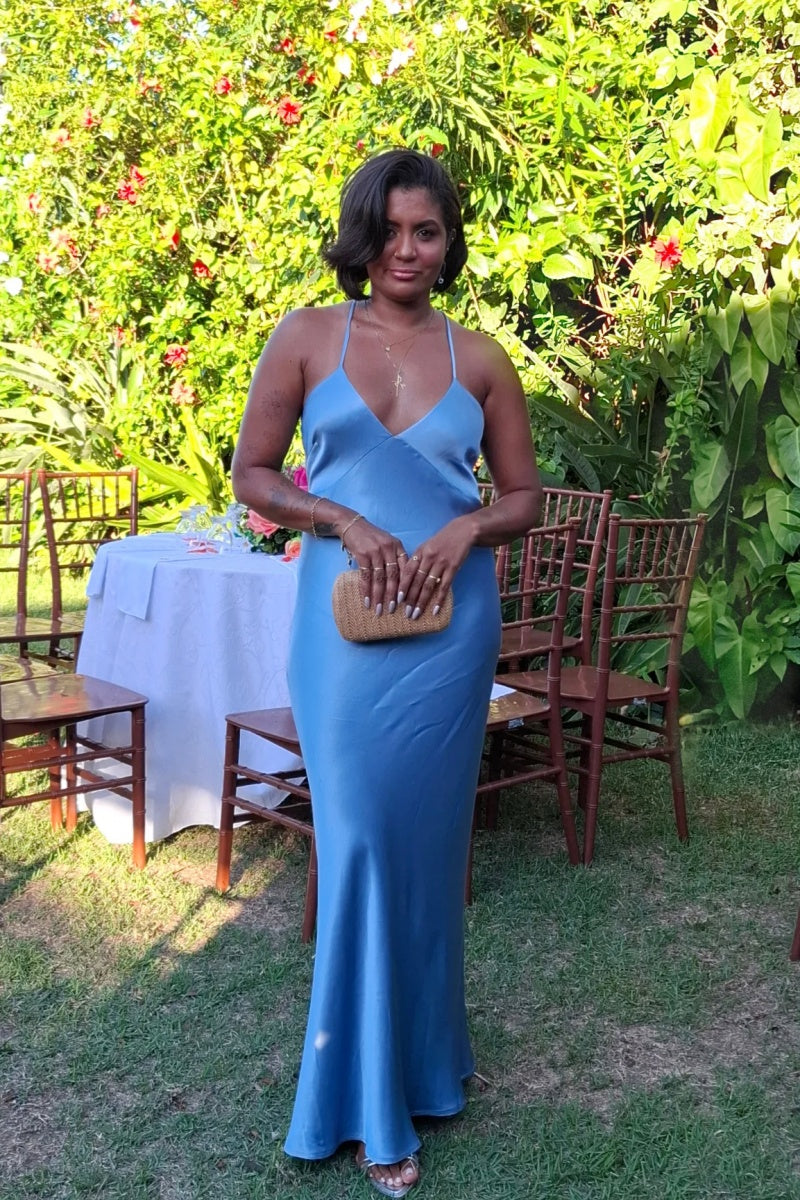 Blue Satin V-Neck Fitted Prom Dress