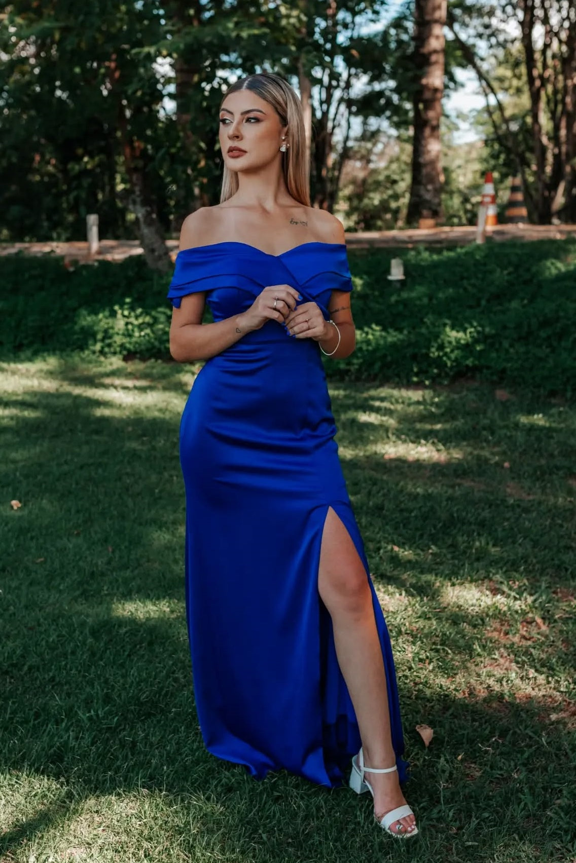 Royal Blue Off-the-shoulder Fitted Slit Dress