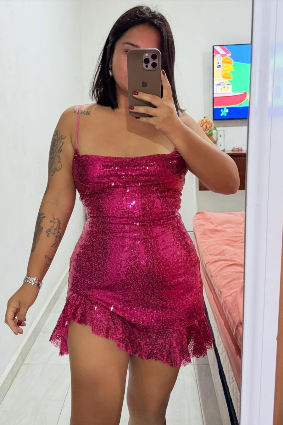 Spaghetti Straps Fuchsia Sequin A-line Mini Dress