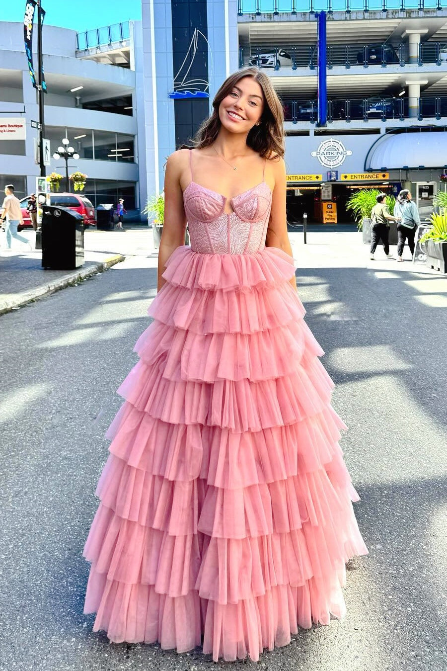 Pink Cut-out Ruffle A-line Dress