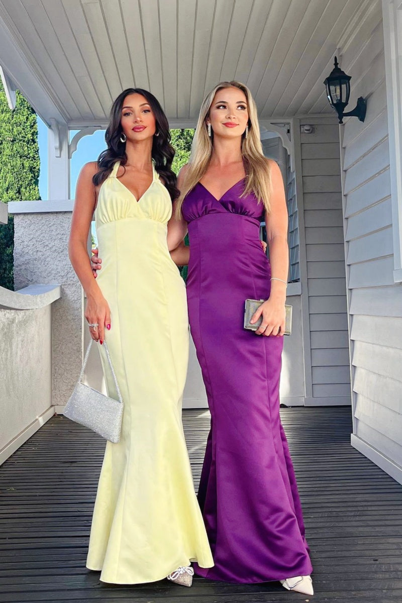Yellow Satin Halter V-neck Mermaid Gown