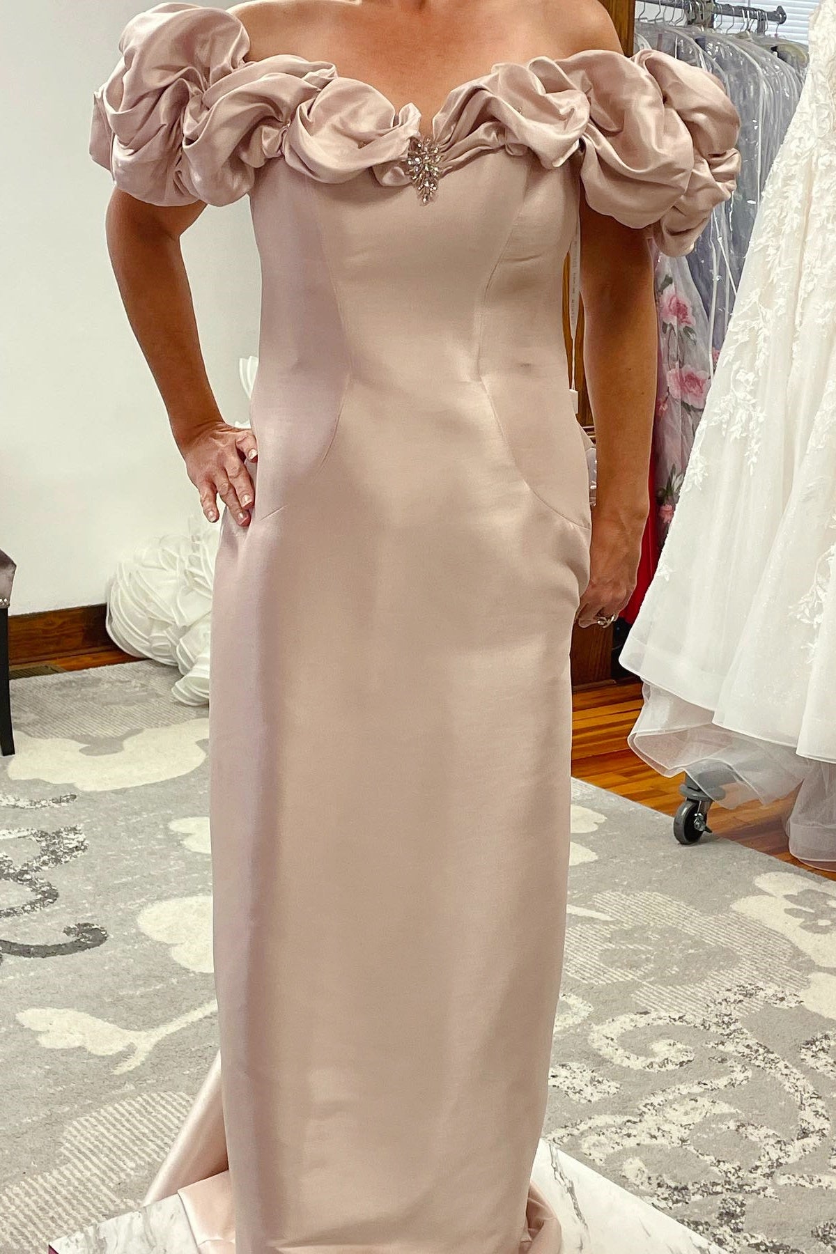 Champagne Satin Off-the-Shoulder Fitted Gown