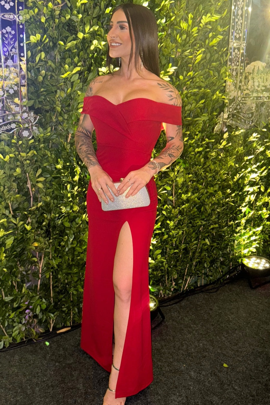 Red Satin Off-the-Shoulder Slit Gown