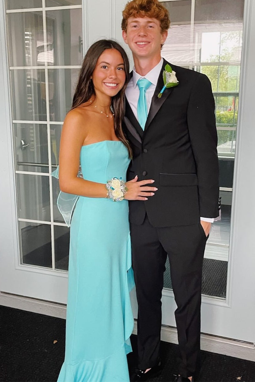 Cyan Slit Strapless A-line Dress