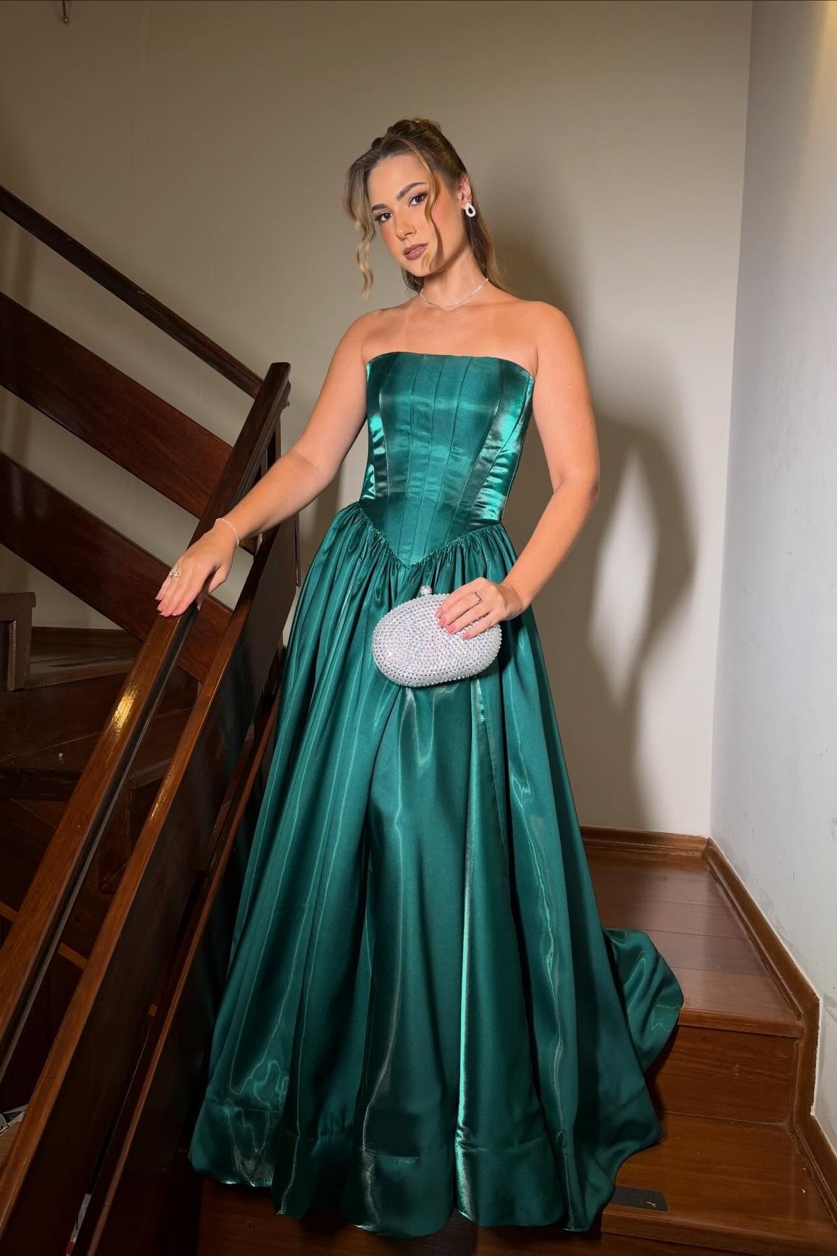 Teal Satin Strapless Slit A-line Gown