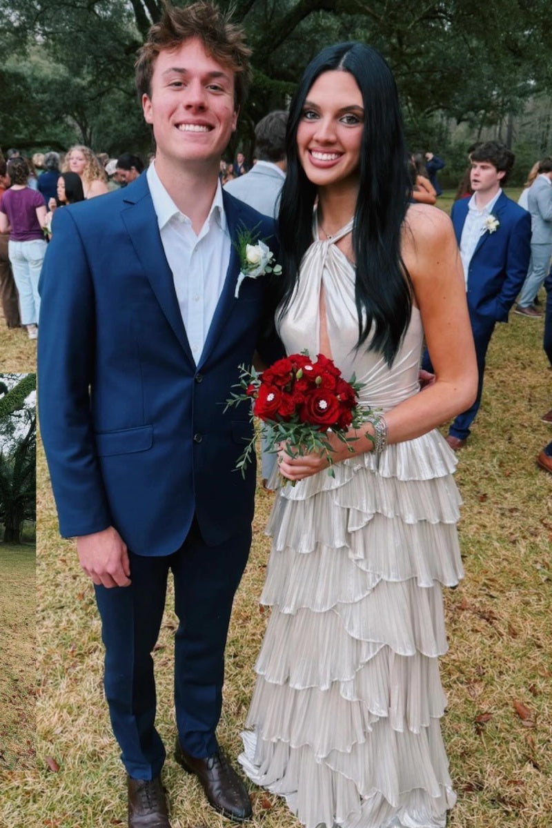 Halter Sliver Metallic A-line Ruffle Long Formal Dress