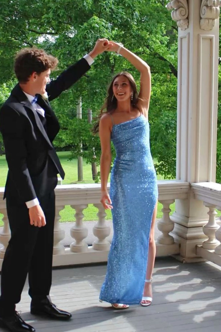 Blue Sequin Straps Fitted Long Dress