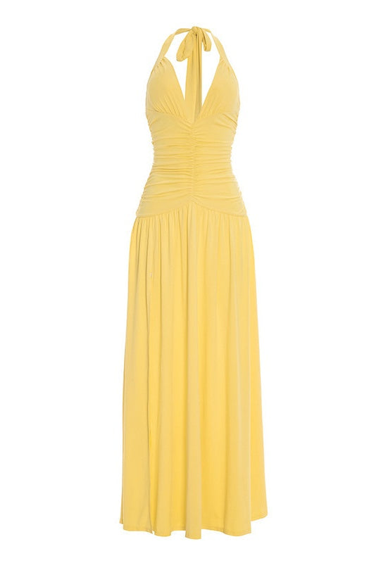 Yellow Halter V-Neck A-Line Maxi Dress
