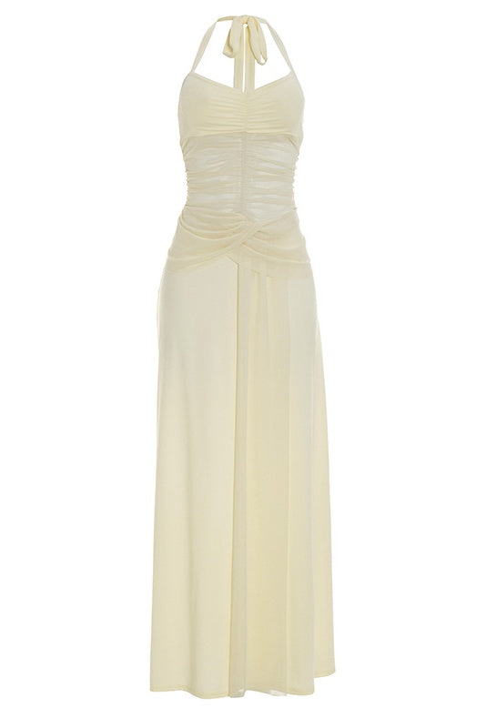 Light Yellow Halter V-Neck Fitted Maxi Dress