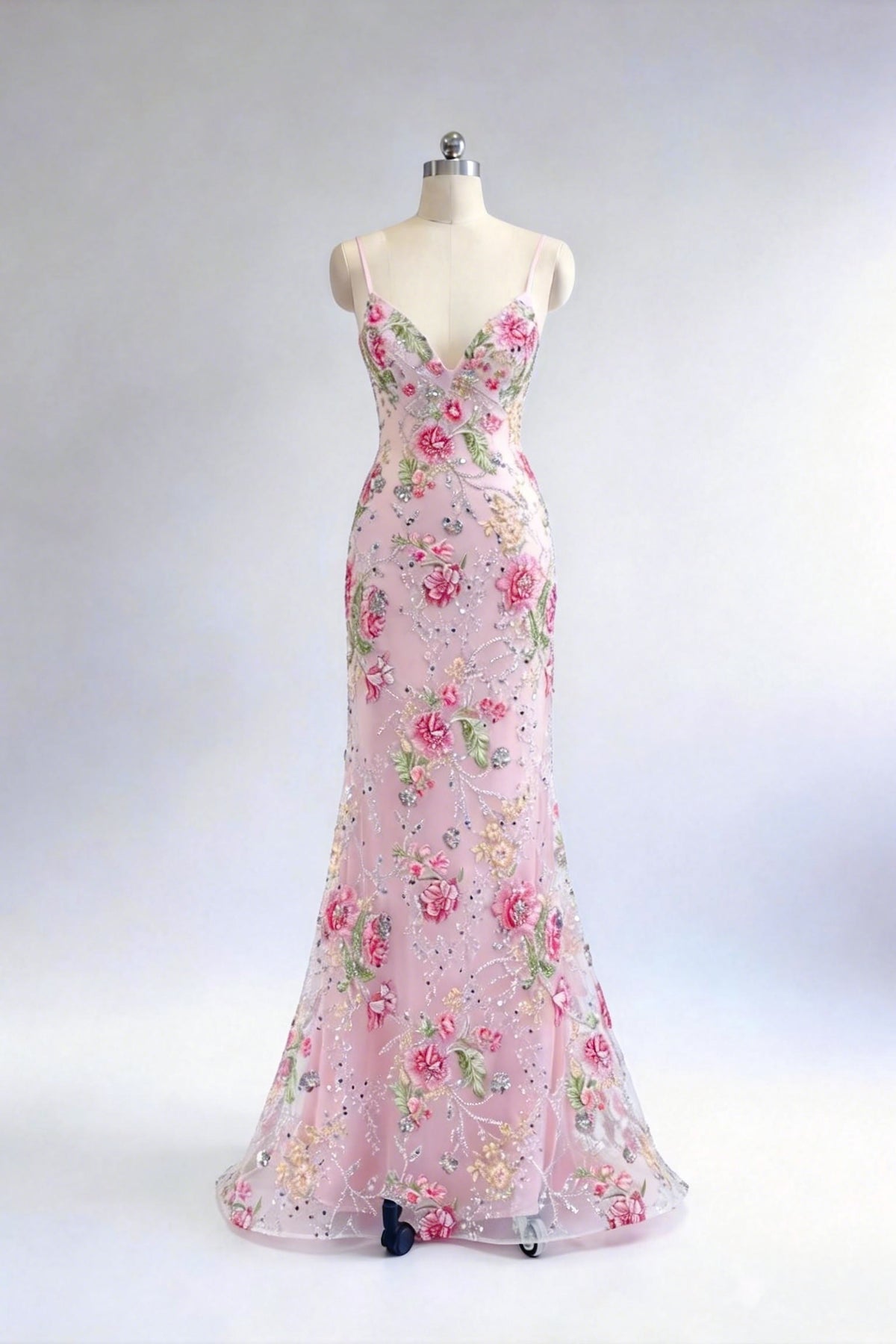 Pink Tulle Floral Mermaid Dress with V-Neck