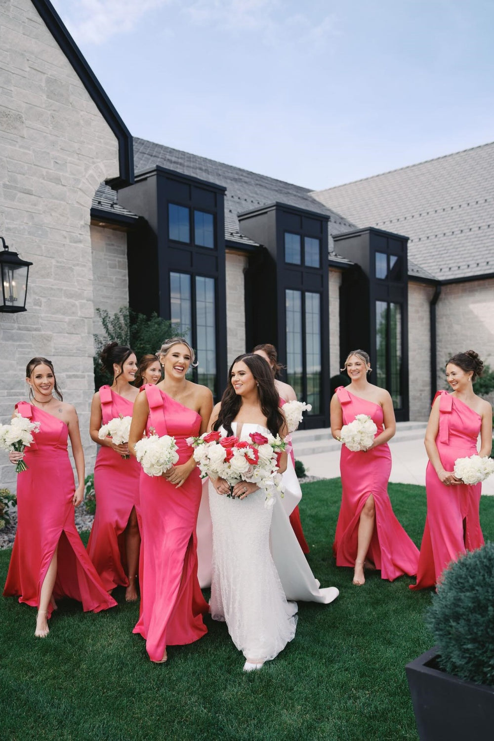 Bow One-Shoulder Hot Pink Satin Bridesmaid Dress