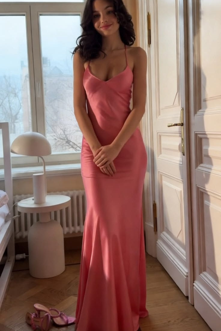 Coral Spaghetti Straps Mermaid Backless Dress Dressesforparty Coral Spaghetti Straps Mermaid Backless Dress Dressesforparty