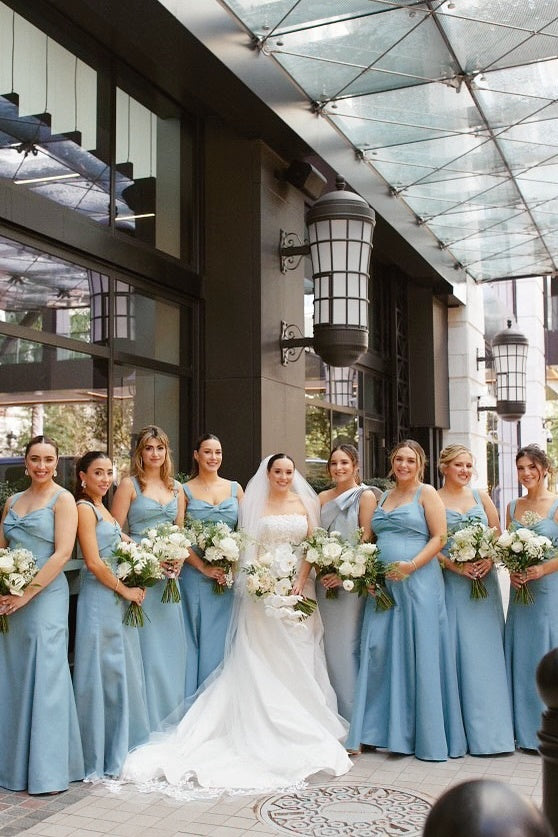 Blue Satin Strapless Mermaid Bow Full-Length Dress