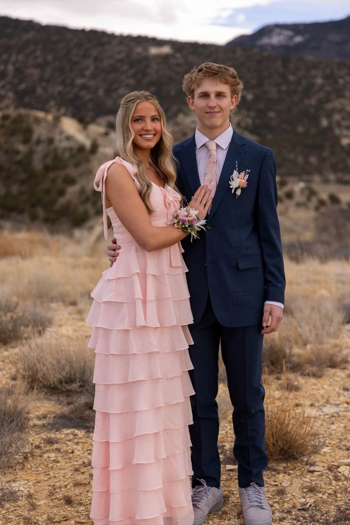 Pink Chiffon Bow Straps Ruffle A-Line Dress