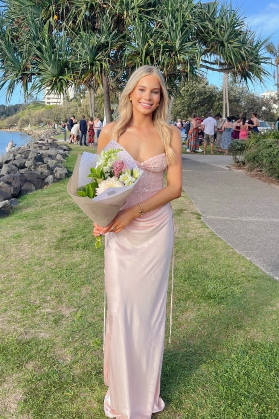 Light Pink Satin Fitted Floral Dress – Dressesforparty