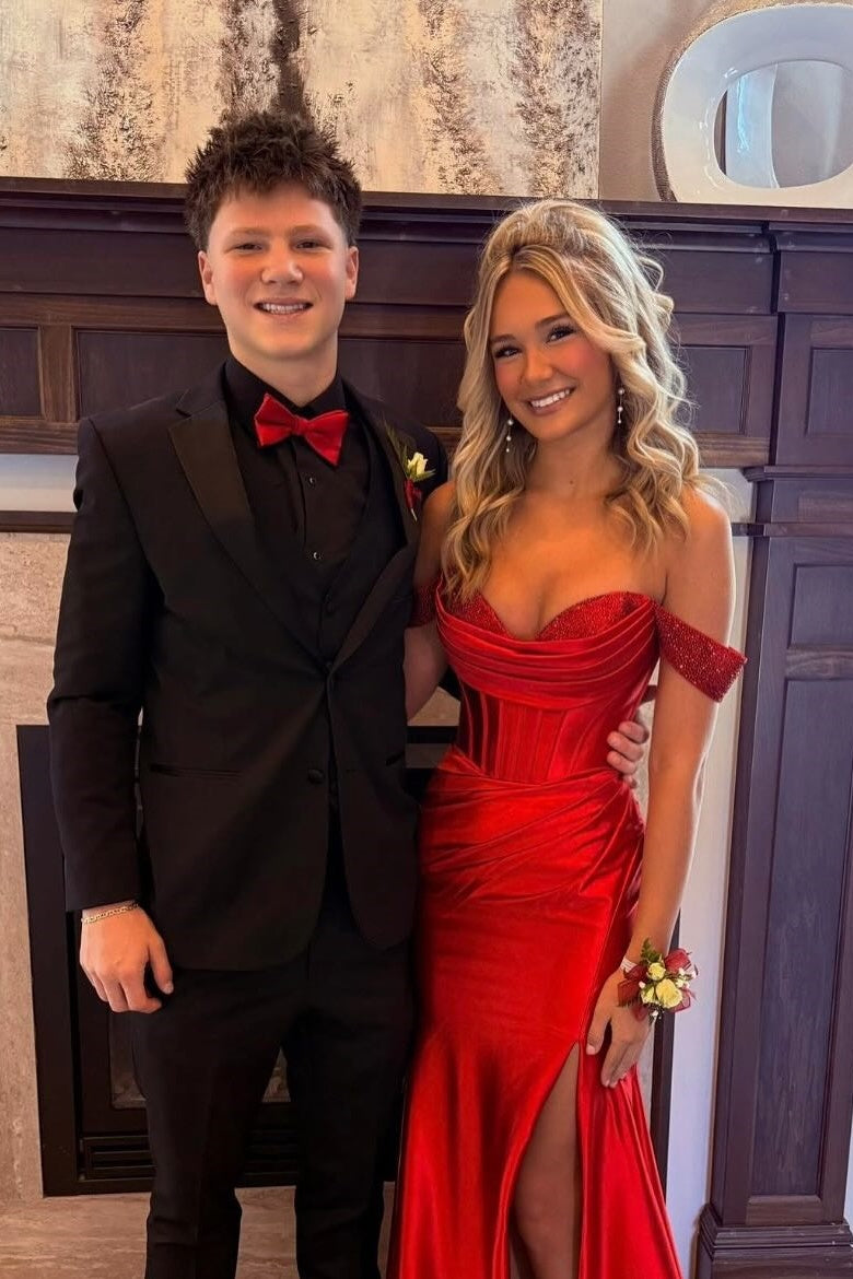 Red Beaded Off-the-Shoulder Mermaid Dress