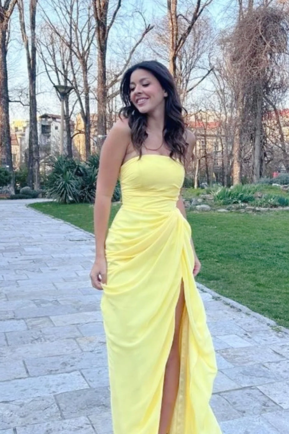 Yellow Strapless A-line Slit Dress
