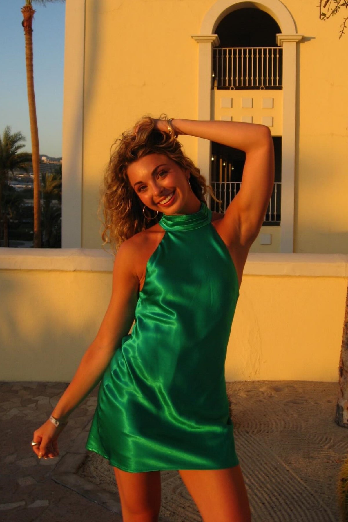 Green Satin A-Line Halter Mini Dress