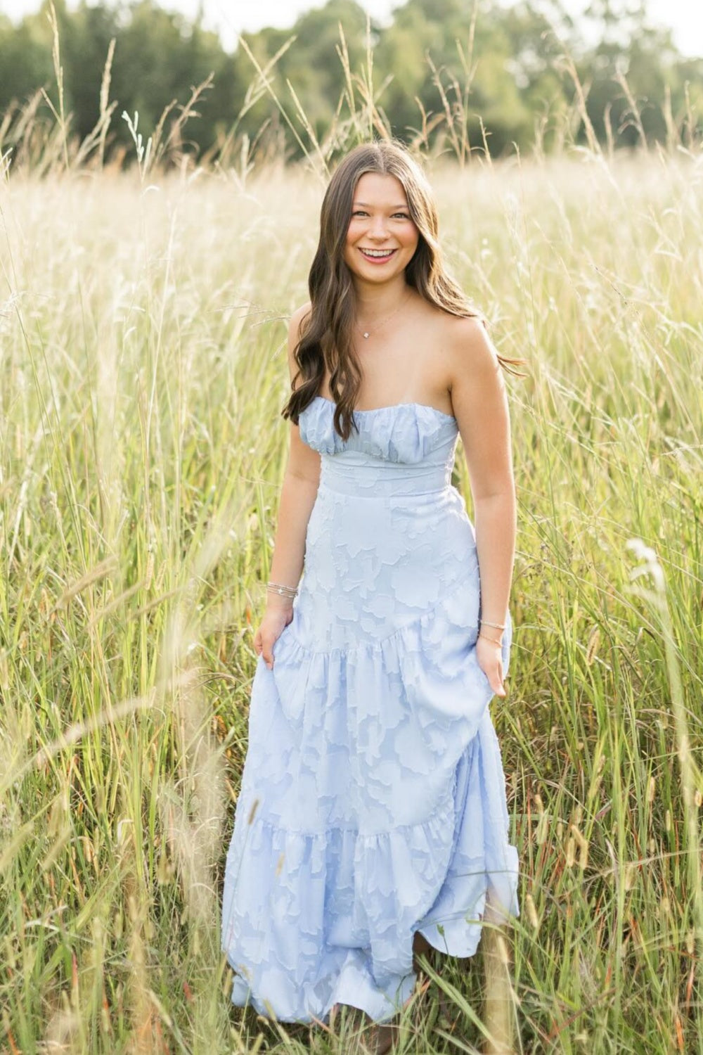 Light Blue Strapless Jacquard A-line Dress