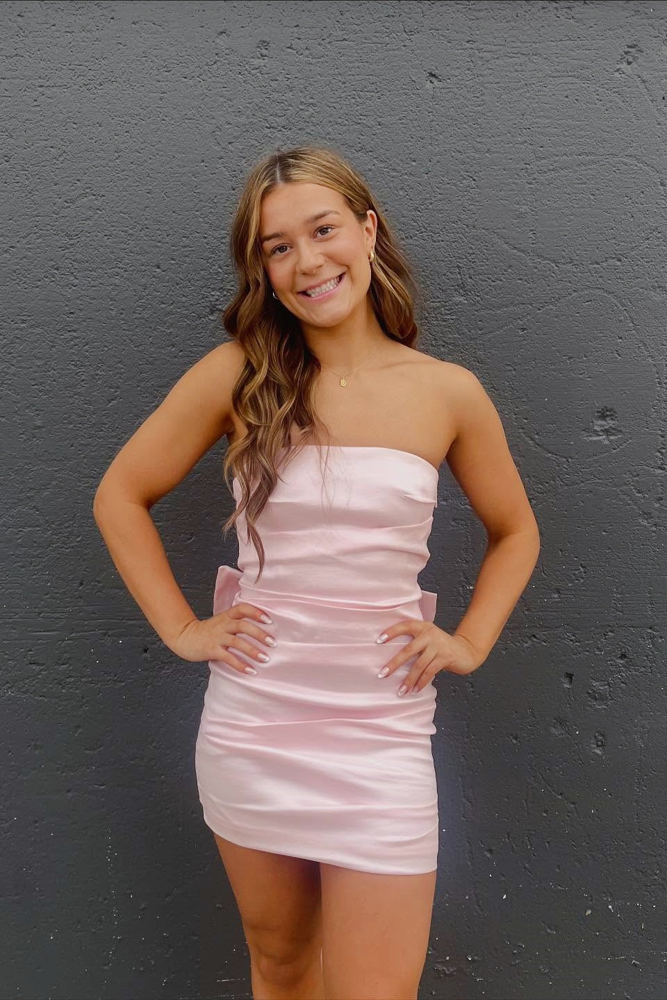 Pink Fitted Strapless Mini Dress with Back Bow