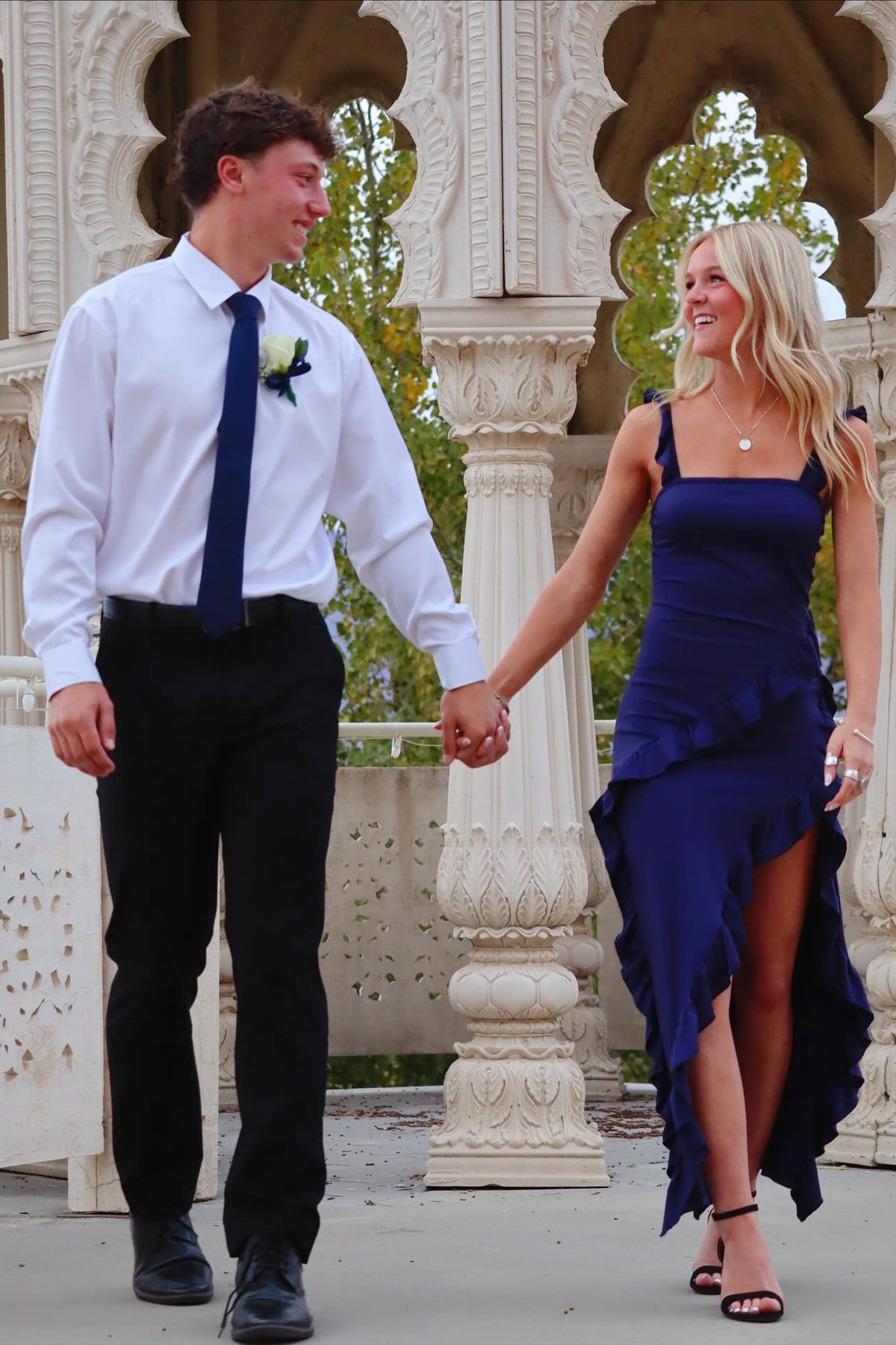 Navy Square A-Line Ruffle Prom Dress