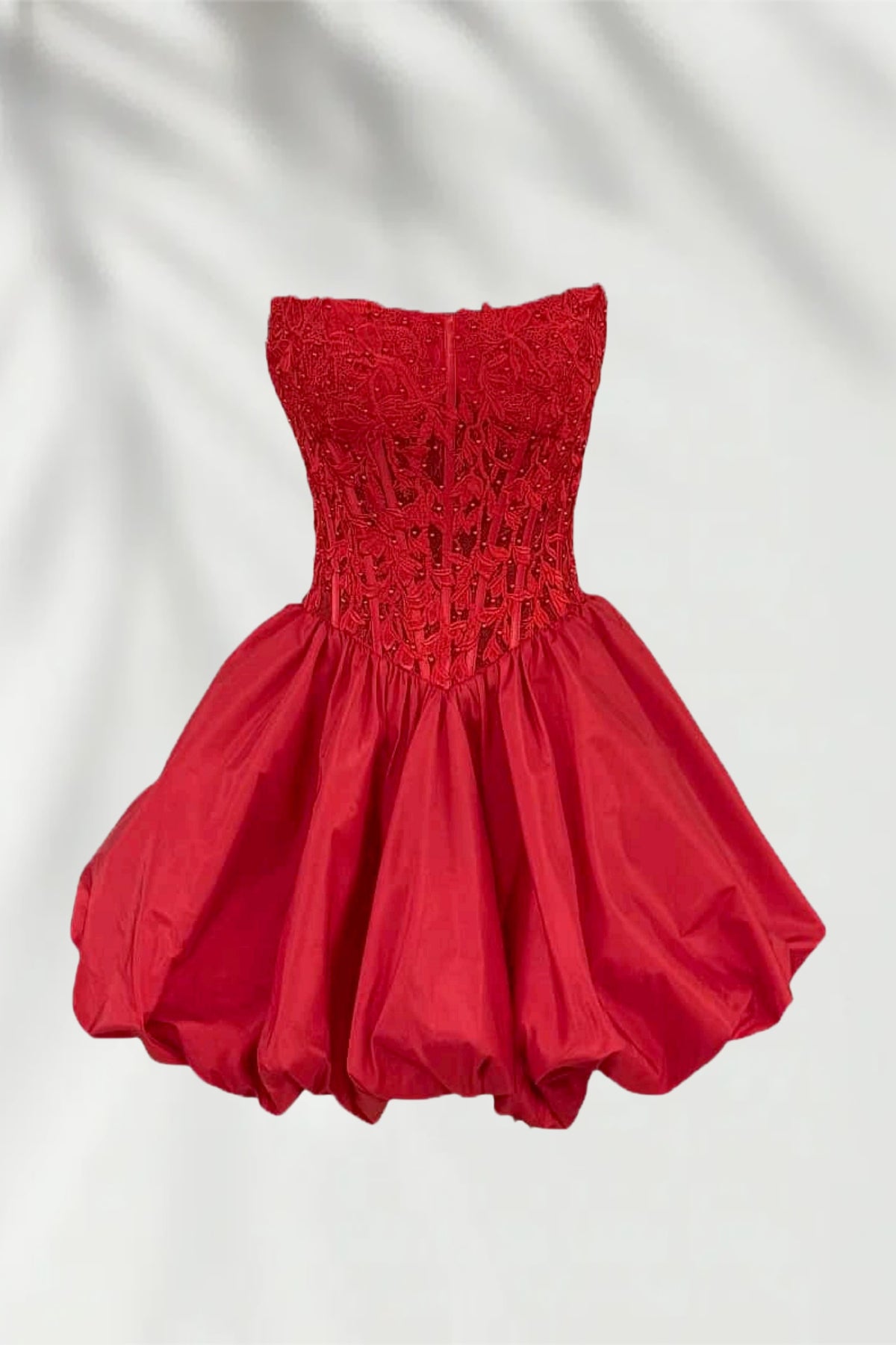 Red Satin Bubble Strapless A-line Mini Dress