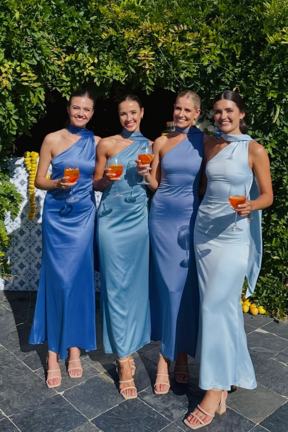 Baby Blue Satin One-Shoulder Halter Dress with Flowing Sash