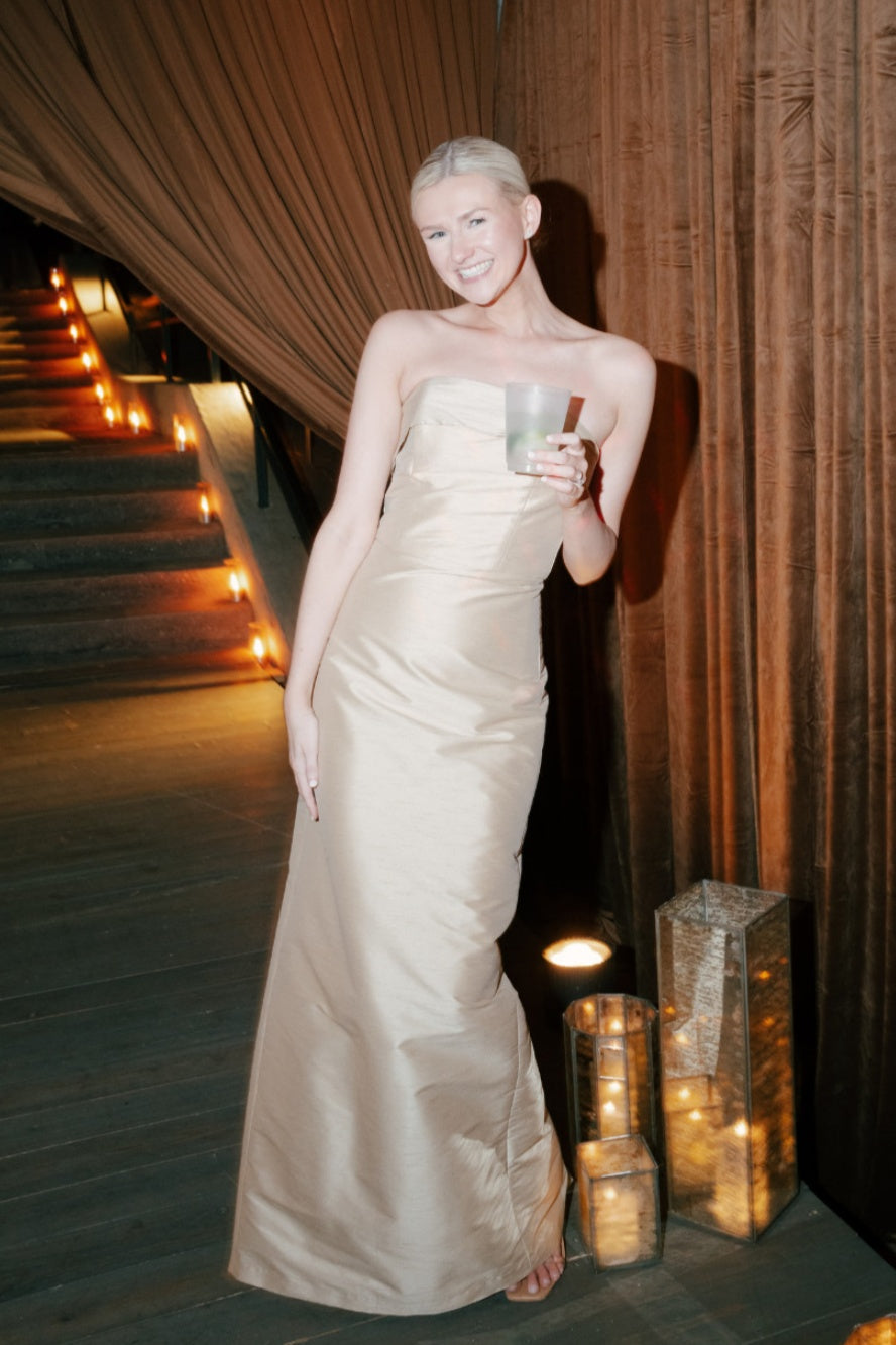 Champagne Satin Strapless Dress with Back Slit