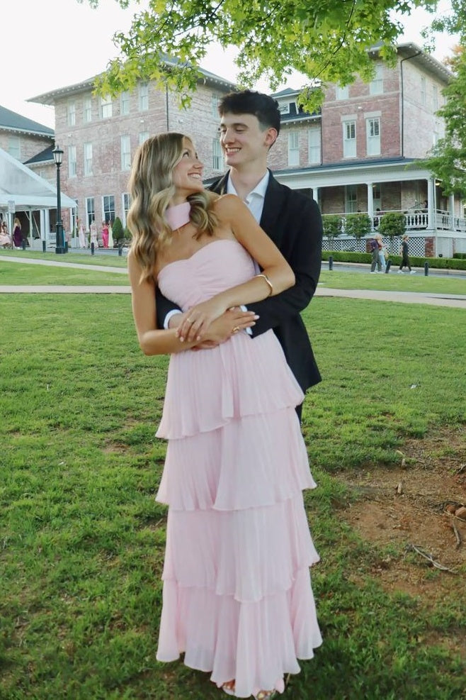 Strapless Pink Chiffon Pleated Ruffle Maxi Dress – Dressesforparty