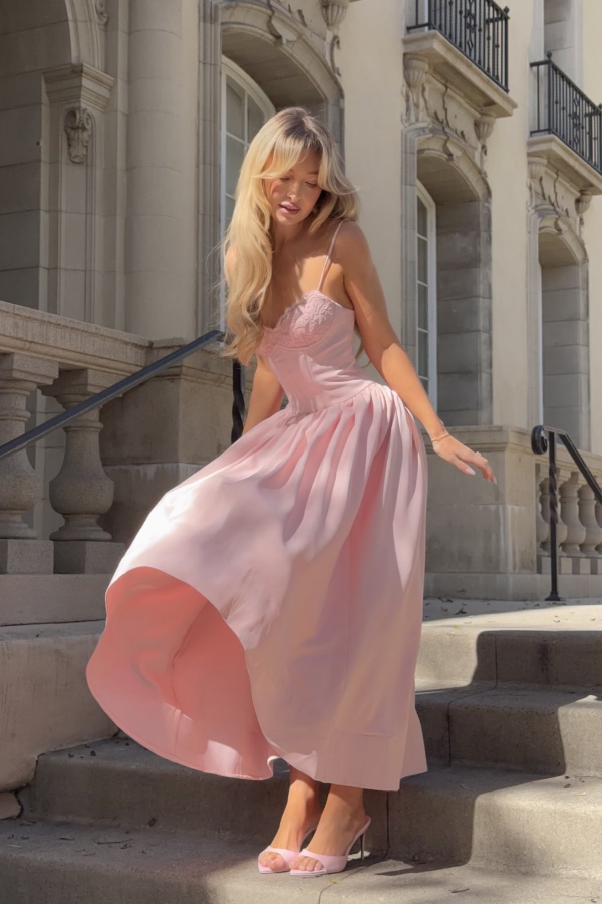 Pink Satin A-Line Long Dress with Lace Trim – Dressesforparty
