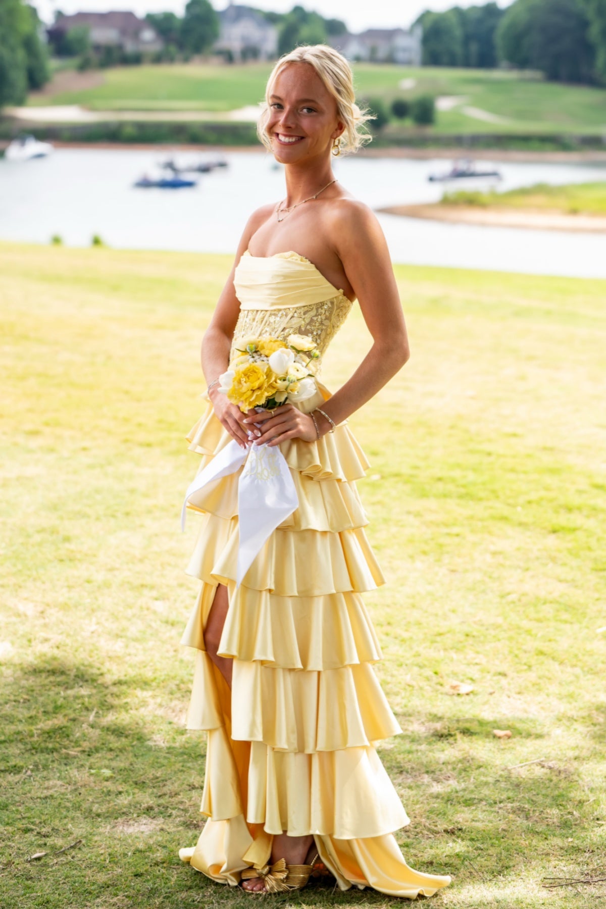 Yellow Satin Floral Corset Dress – Dressesforparty