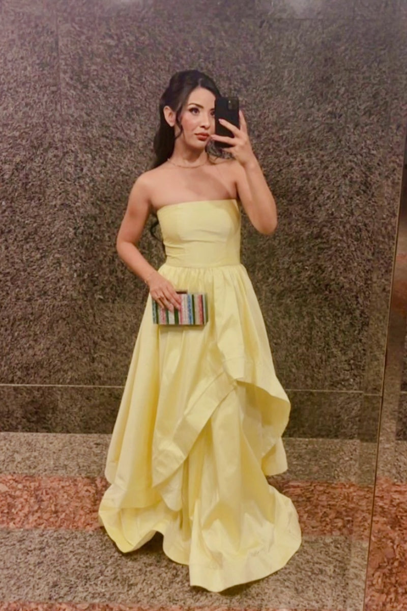 Yellow Satin Strapless Layered A-line Gown
