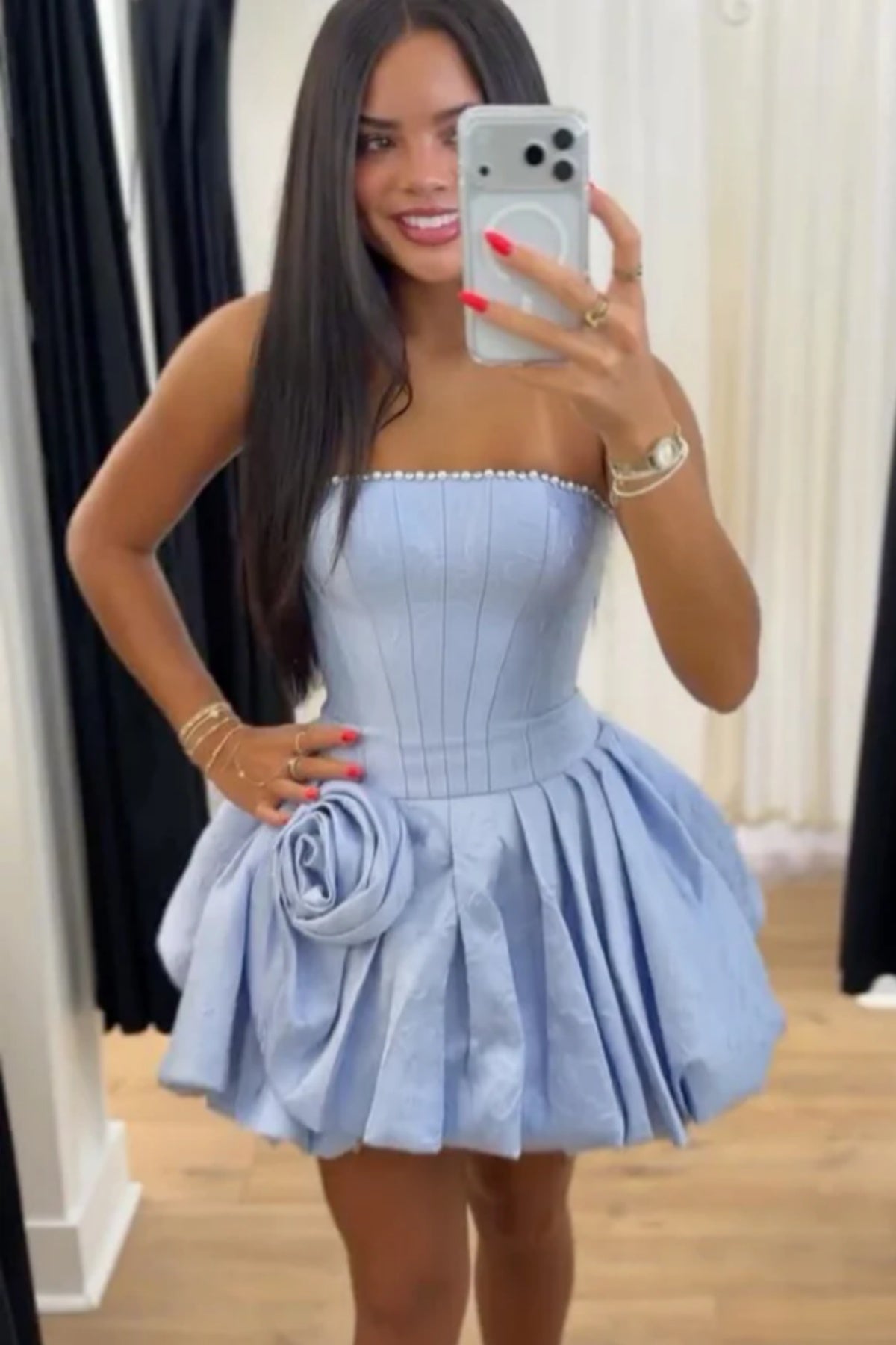 Dusty Blue 3D Rosette Bubble Dress