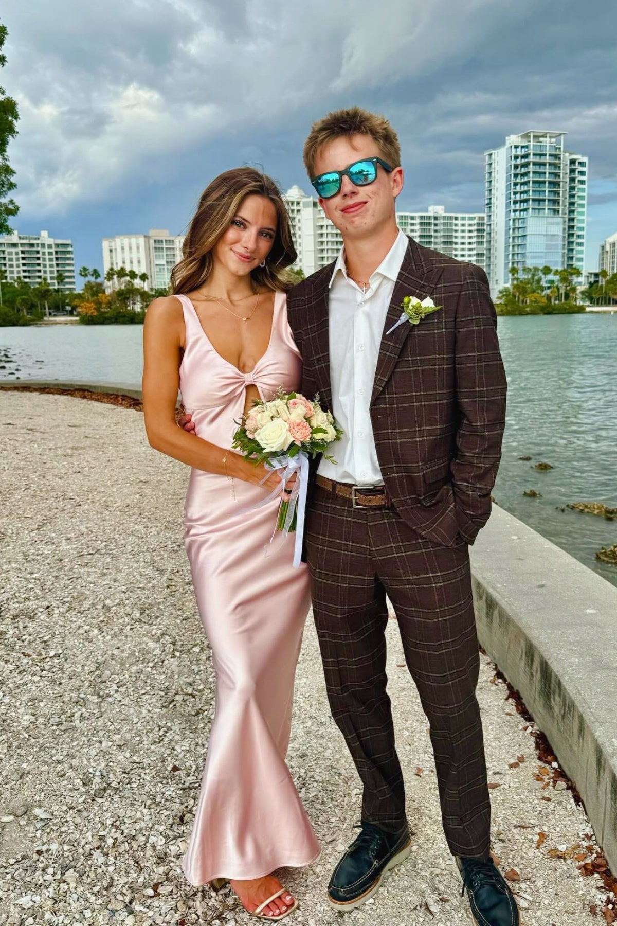 Pink Straps V-neck Cut Prom Dress