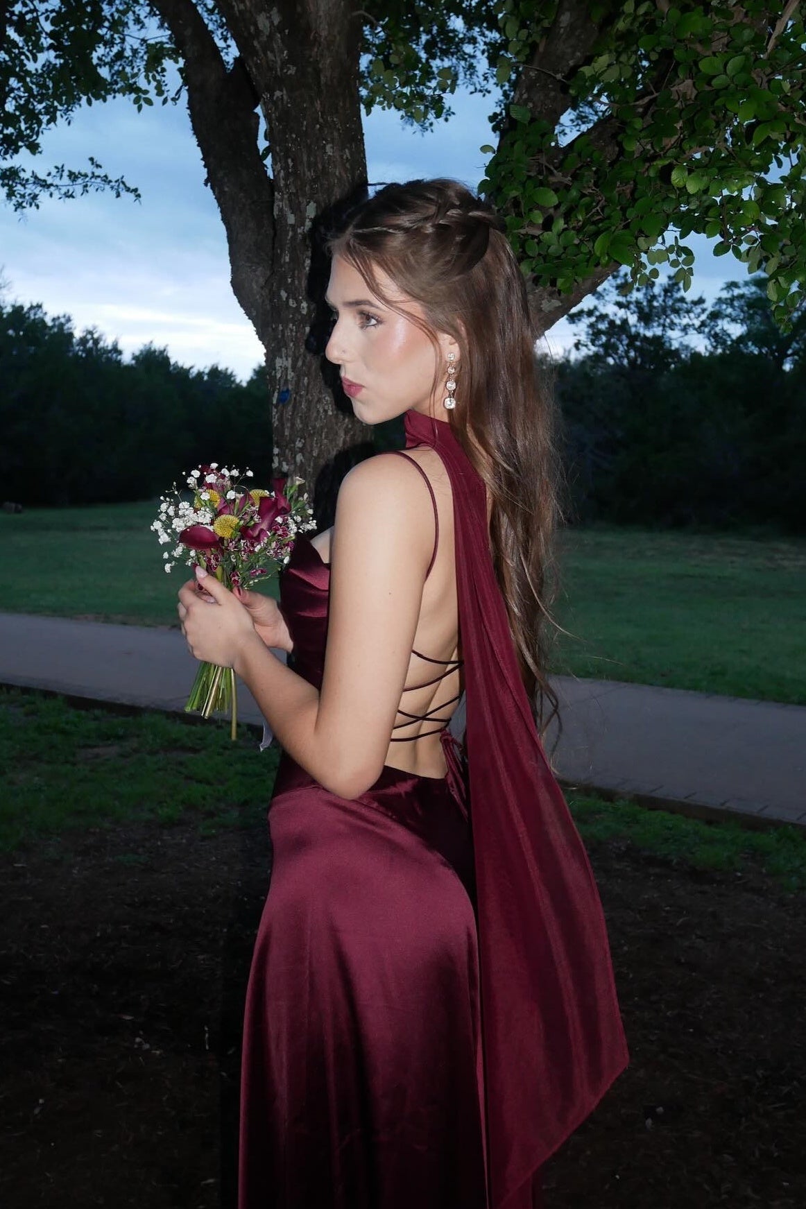 Burgundy Satin Backless Lace-Up Long Dress – Dressesforparty