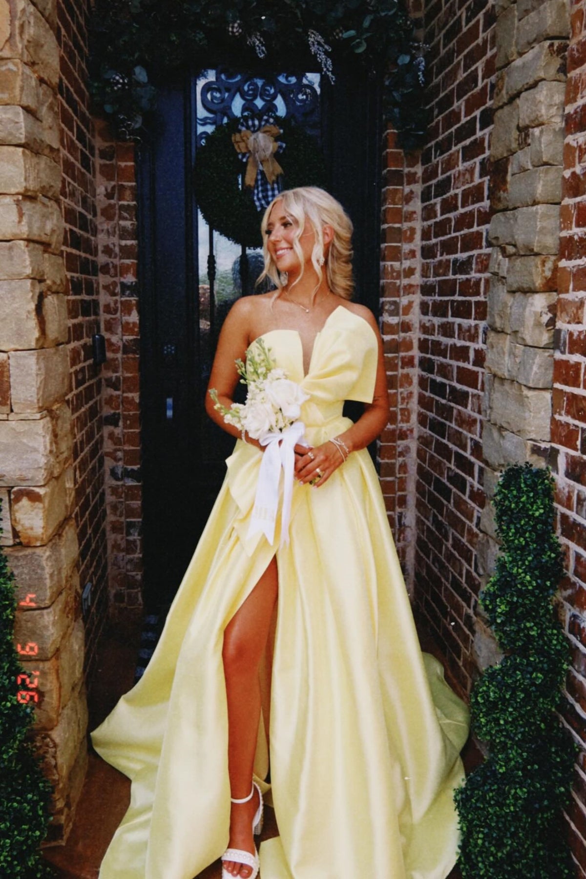 Yellow Satin Strapless A-Line Dress