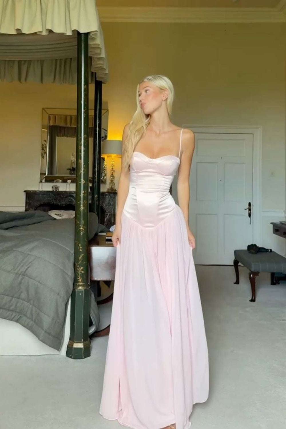 Pink A-Line Corset Straps Dress