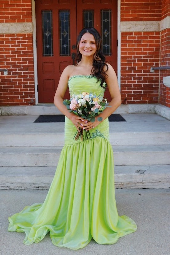 Lime Chiffon Strapless Ruched Bodice Dress