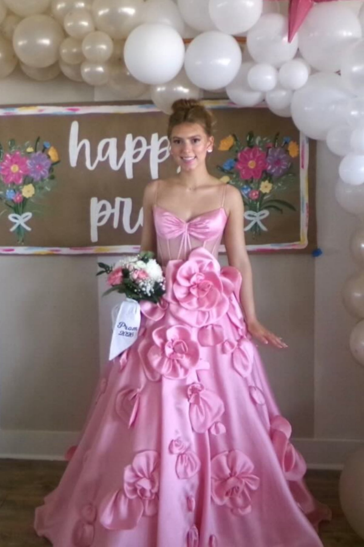 Pink Satin Handcrafted 3D Floral A-Line Dress