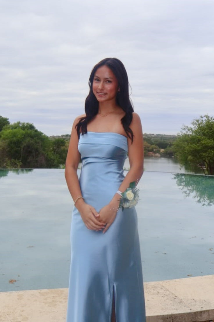 Mist Blue Satin Slit Strapless Maxi Dress