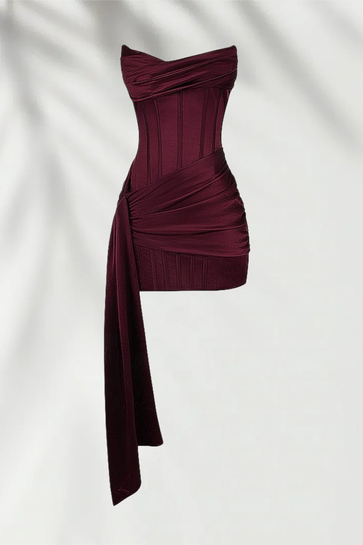 Burgundy Satin Strapless Bodycon Mini Dress – Dressesforparty