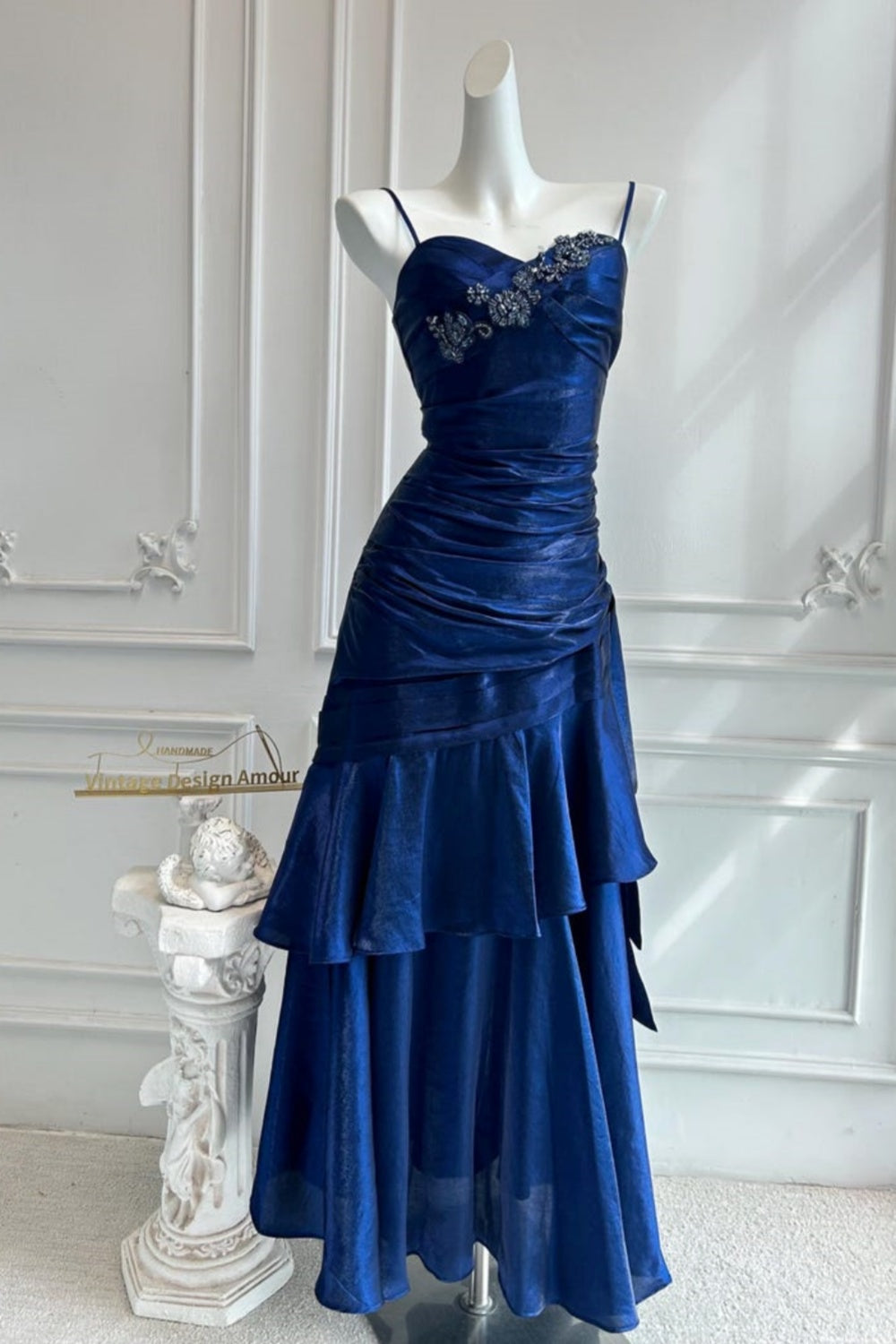 Navy Blue Satin A-line Floor-Length Dress