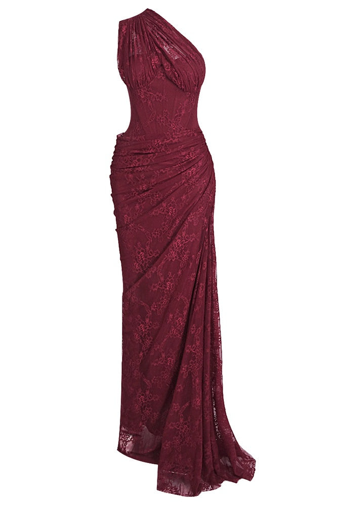 Burgundy One-Shoulder Pleated Maxi Dress