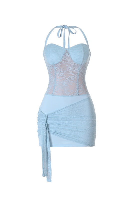Blue Lace Print Corset Bodycon Mini Dress