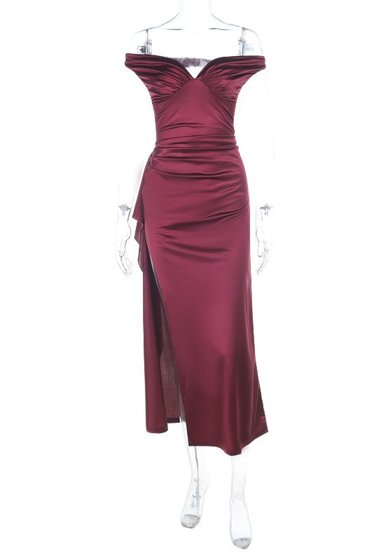 Burgundy Satin Off-Shoulder Maxi Dress Dressesforparty Burgundy Satin Off-Shoulder Maxi Dress Dressesforparty
