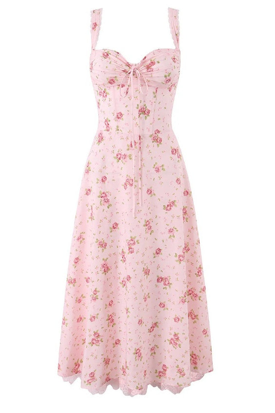 Pink Floral Strappy A-Line Maxi Dress