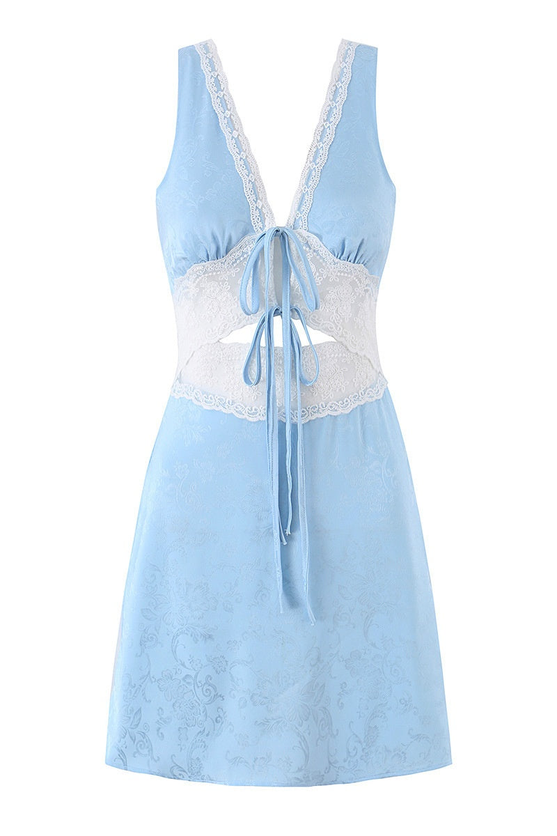 Blue Patchwork Lace Print A-Line Mini Dress